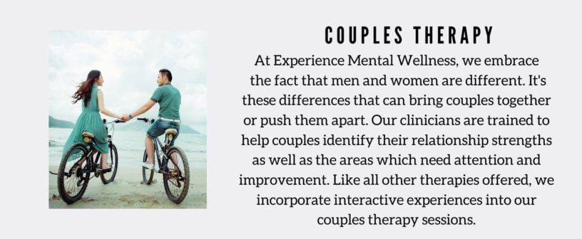 Couple riding bikes on beach happy. Experiential therapy