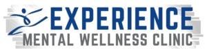 Experience Mental Wellness Logo. Blue and grey letters. A stick figure man jumping